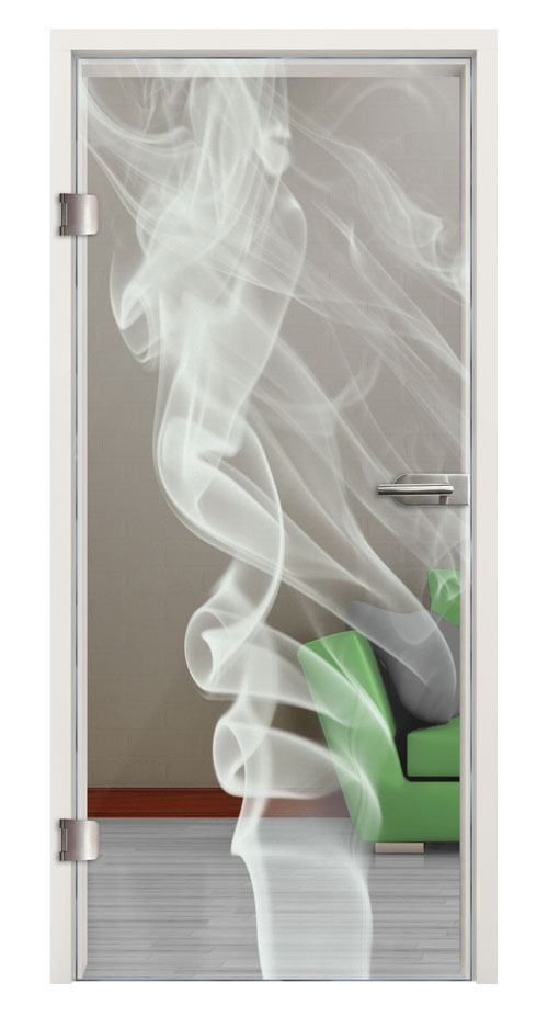 Ganzglastür mit Motiv Smoke gelasert in Zarge vor Hintergrundbild