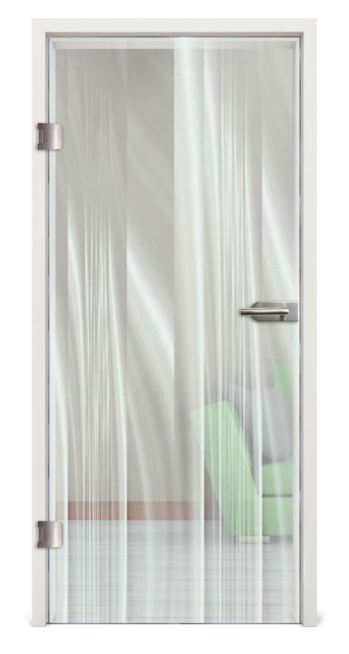 Ganzglastür mit Motiv Curtain Lasergravur in Zarge vor Hintergrundbild