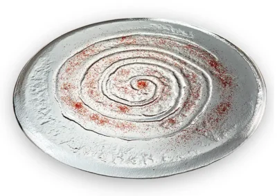 runde Tischplatte aus Schmelzglas Motiv Spirale rot